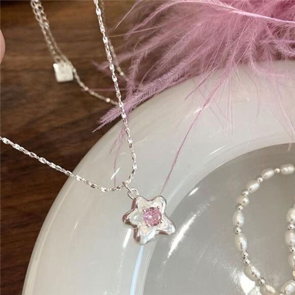 Sterling Silver Forget Me Not Flower Necklace Tiny CZ Flower Dainty Pendant - Picture 1 of 7
